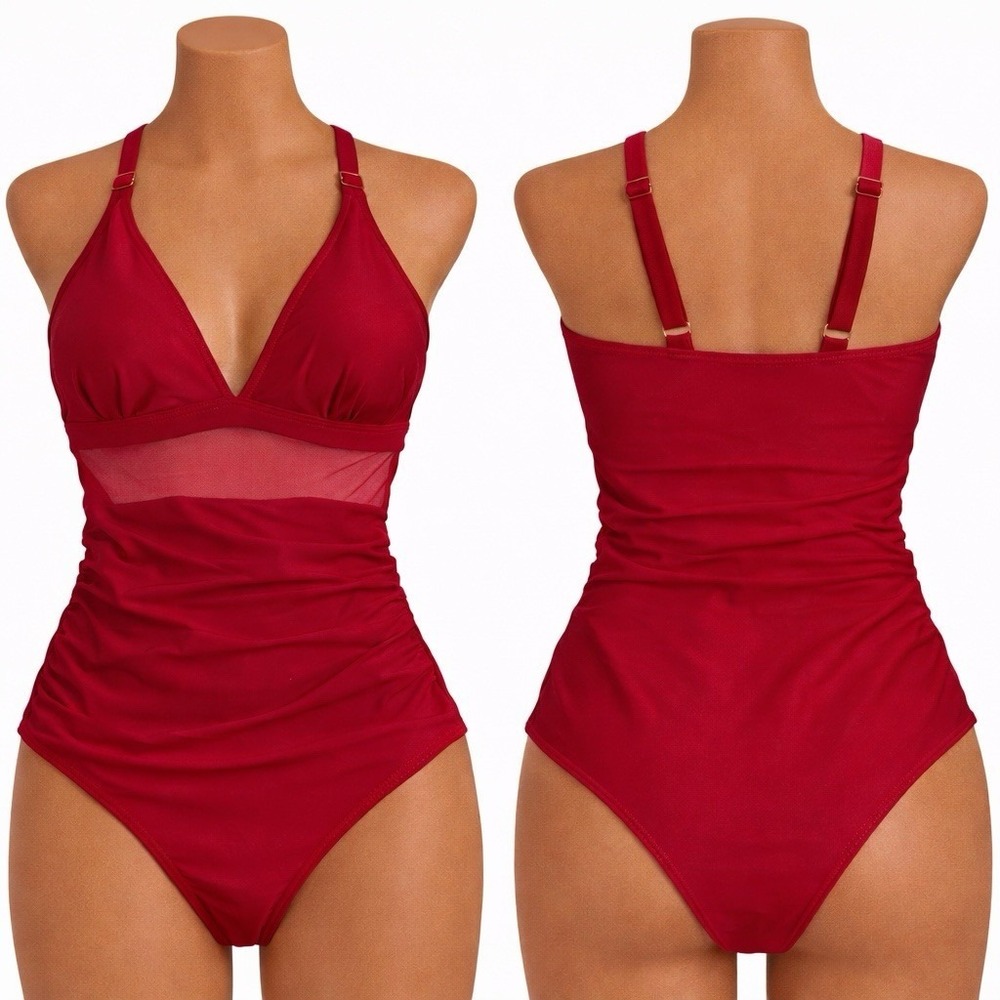 Womens One Piece Swimsuit Small Red Stretch Summer Mesh Ruched V-Neck Padded